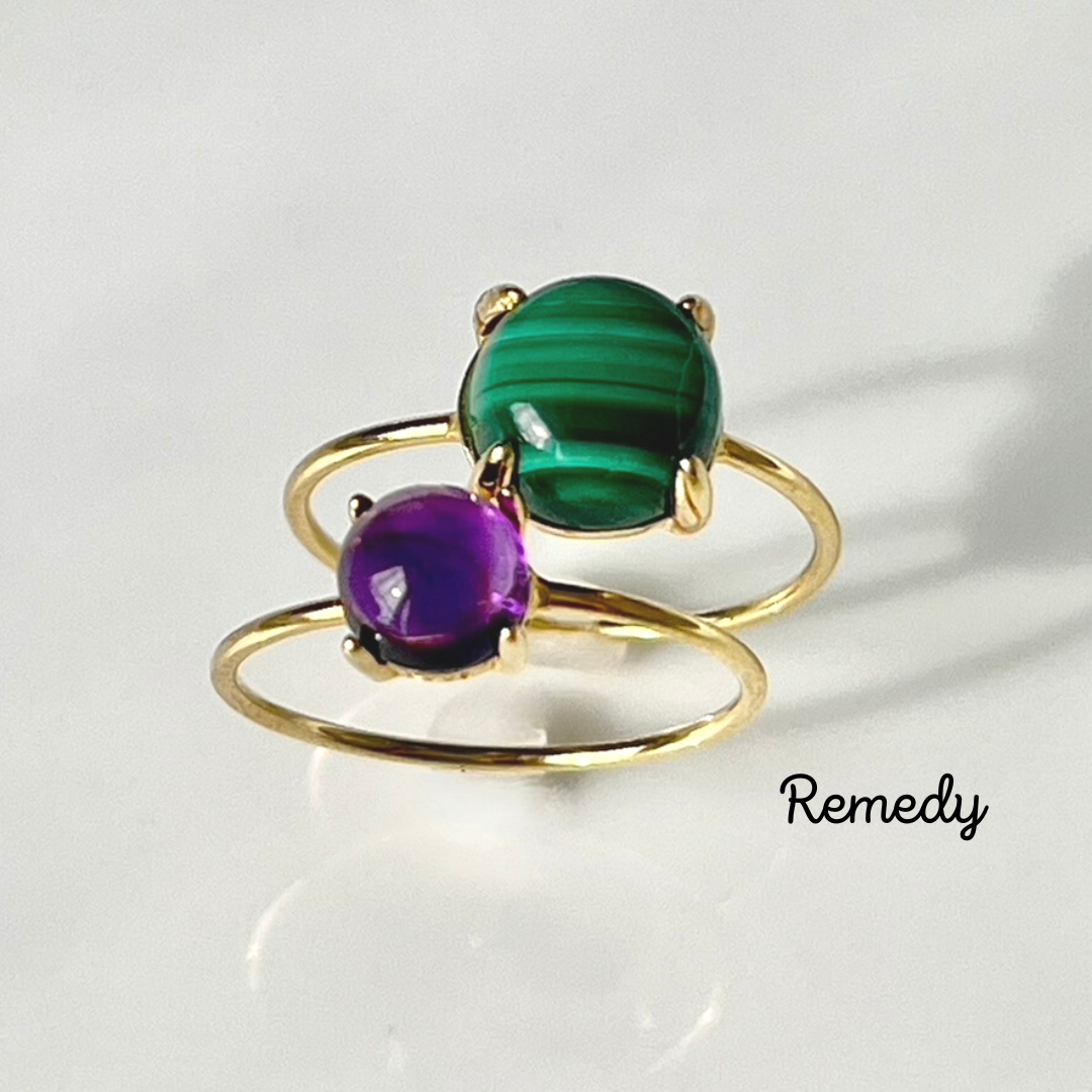 マラカイトとアメジスト のカボションカットリング２本セット silver925 18KGP ２月誕生石
