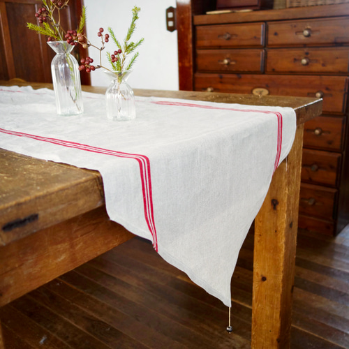 アンティーク風赤いラインのリネンテーブルランナー テーブルクロス