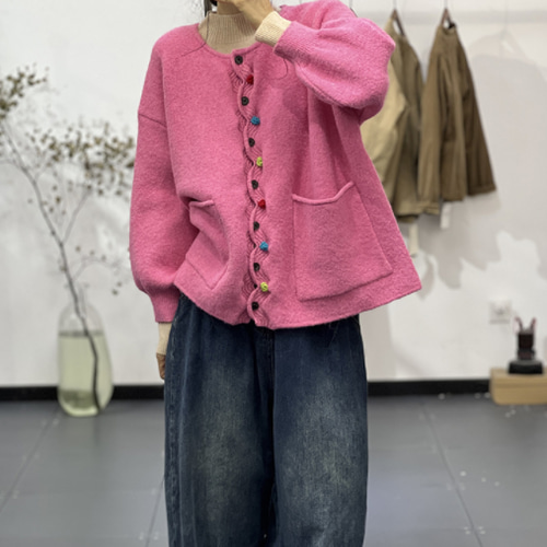 新作)ピンクセーター 手編みセーターニット クルーネックニット
