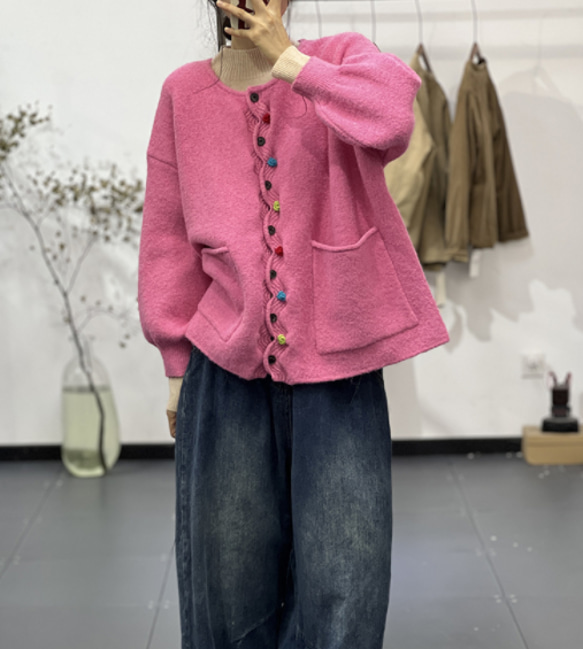 (新作)ピンクセーター 手編みセーターニット  クルーネックニット カーディガン ゆったり 3枚目の画像