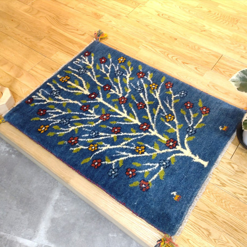 ペルシャ ギャッベ 玄関マット 86x64cm 美しい生命の木 青色 