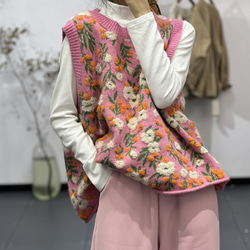 ハンドメイド　手編み　ベスト　レッド　ピンク 手編み毛糸ベスト 赤 ハンドメイド 140 - メルカリ