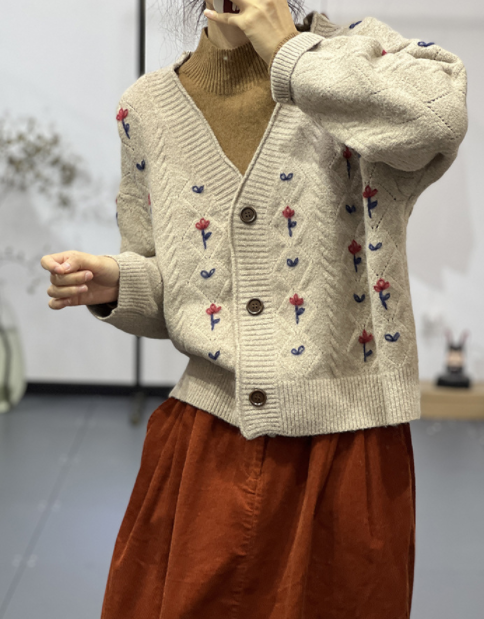 受注製作】手編みニットセーター カーディガン 花柄 brown