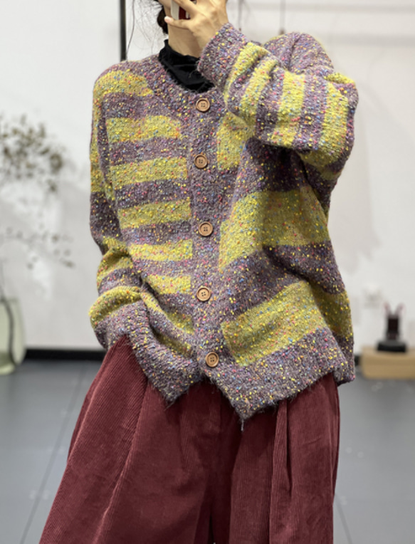 新作)イェロー.手編みセーターニット クルーネックニット カーディガン