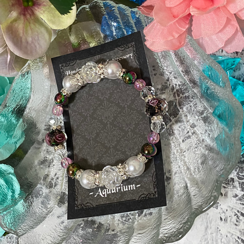 B567／B568 闇の中に咲く可憐な薔薇 ( ブレスレット ビーズ 薔薇 Rose