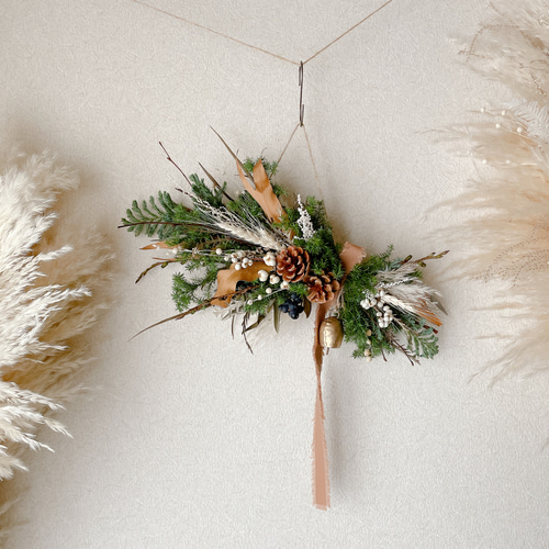 クリスマススワッグ ベル付き 横長スワッグ ドライフラワー スワッグ