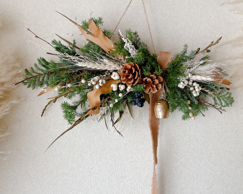 クリスマス　スワッグ ドライフラワー　ベル　横長スワッグ c5e8b6769c45117a872d106e759b91