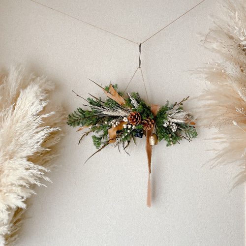 クリスマススワッグ ベル付き 横長スワッグ ドライフラワー スワッグ