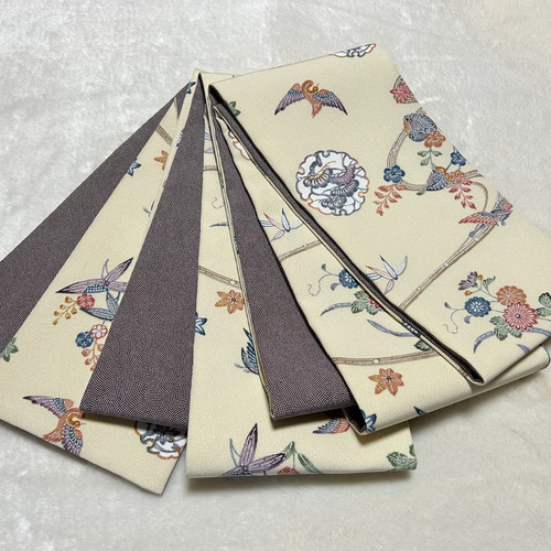 195号 半幅帯 正絹 リバーシブル 紅型 クリーム色×鮫小紋 茶色 ☆締め