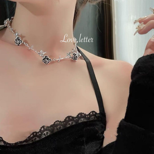 アンティークシルバーローズチョーカーネックレス 韓国 薔薇 地雷