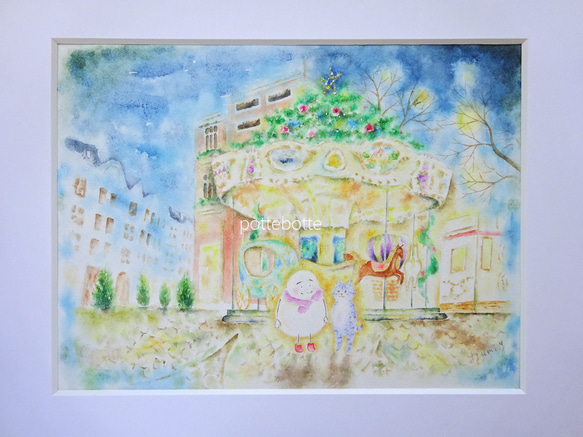 ✻【原画】ノエルの街をⅡ　夜の回転木馬 / ポテとゆきだるまん no.181 | 水彩画　フランス　クリスマス　ノエル 14枚目の画像