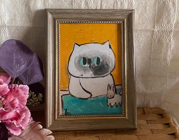 絵画。原画手描き【猫ちゃんはウサギと楽しく遊んでいる】 絵画