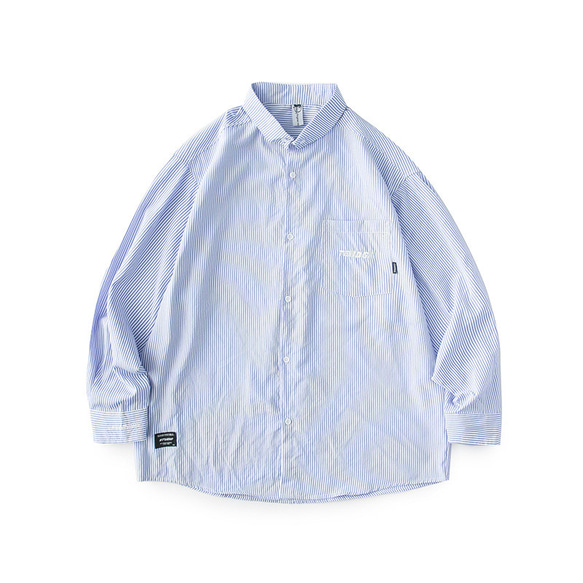 春秋新品 長袖ラペルシャツ メンズ コットン 青と白のストライプ レトロ カーディガンシャツ ゆったり トップス 1枚目の画像