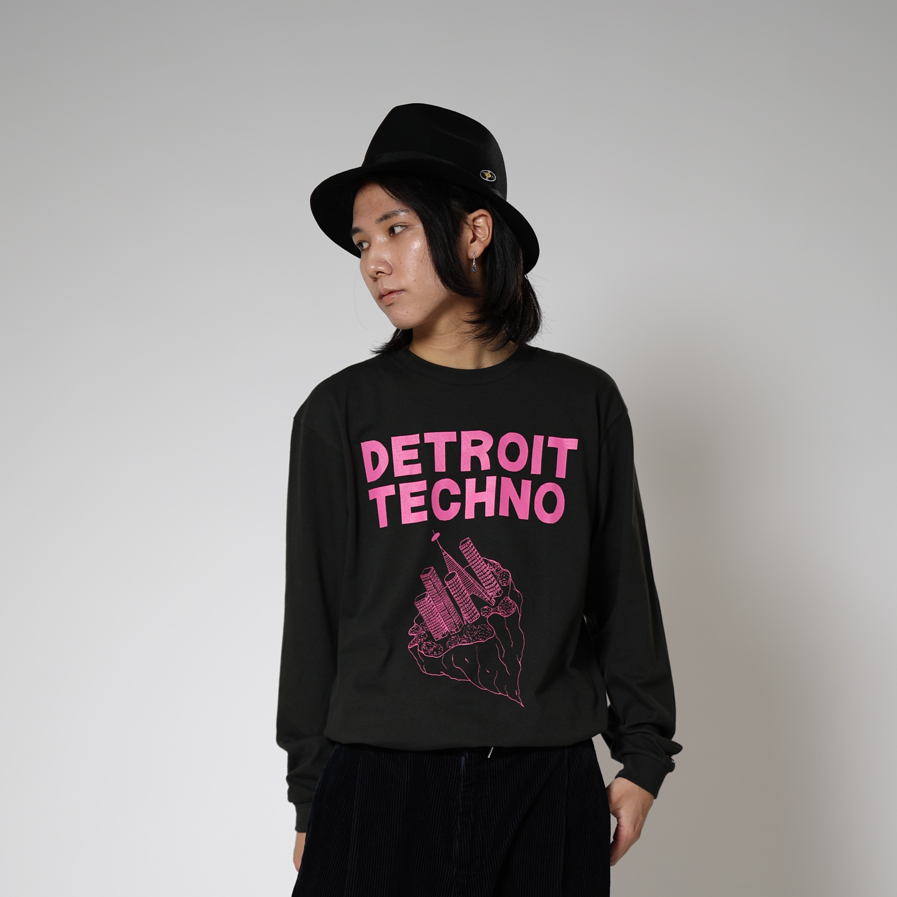 テクノ長袖Tシャツ「デトロイト（DETROIT TECHNO）」墨ブラック Lサイズ WATERFALLオリジナル商品