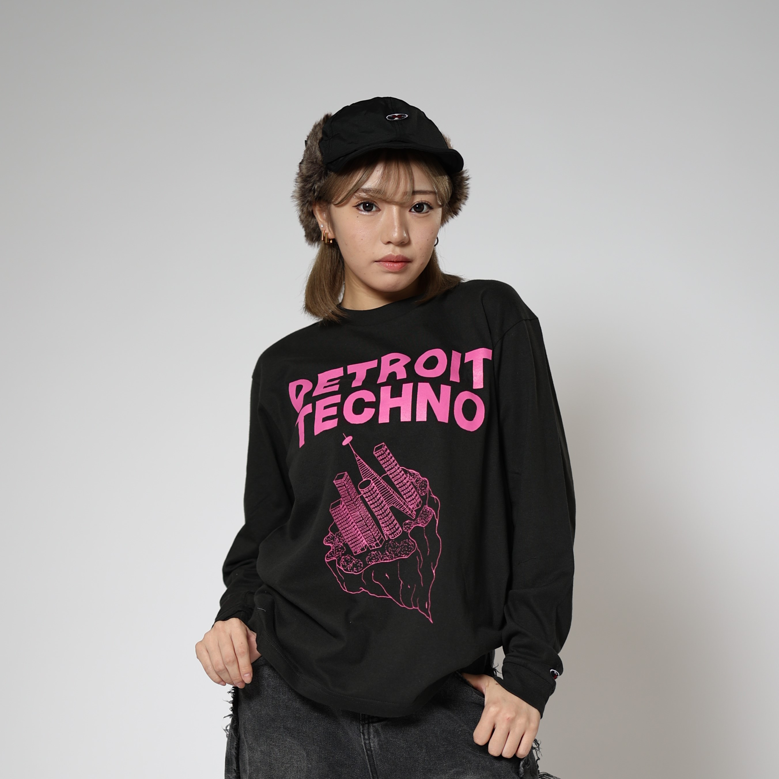 テクノ長袖Tシャツ「デトロイト（DETROIT TECHNO）」墨ブラック Mサイズ WATERFALLオリジナル商品