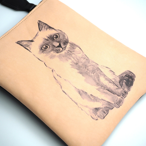 拉鍊手拿包（暹羅貓/繪圖系列）單色真皮智慧型手機迷你肩背包 第6張的照片
