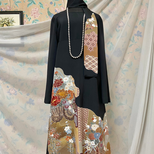 着物リメイク:ロングドレス(大輪の花)