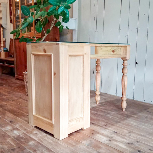 ナチュラルテイスト 木製ネイルデスク ガラストップネイルテーブル