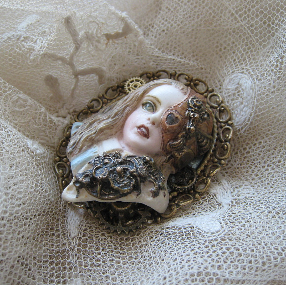 ~不思議の国の蒸気部屋~ アリス　立体画　金枠ブローチ仕様　不思議の国のアリス　スチームパンク　ゴーグル