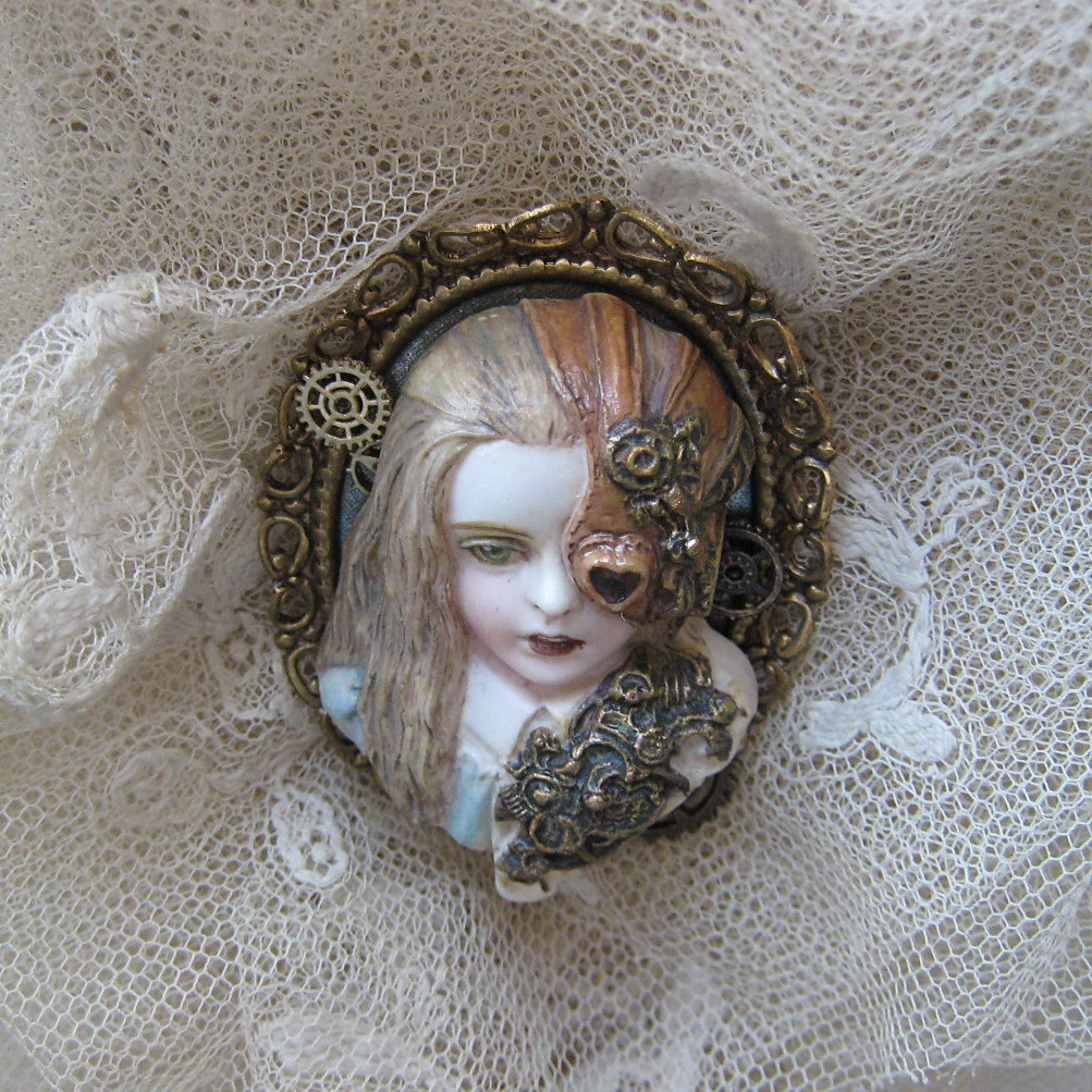 ~不思議の国の蒸気部屋~ アリス　立体画　金枠ブローチ仕様　不思議の国のアリス　スチームパンク　ゴーグル