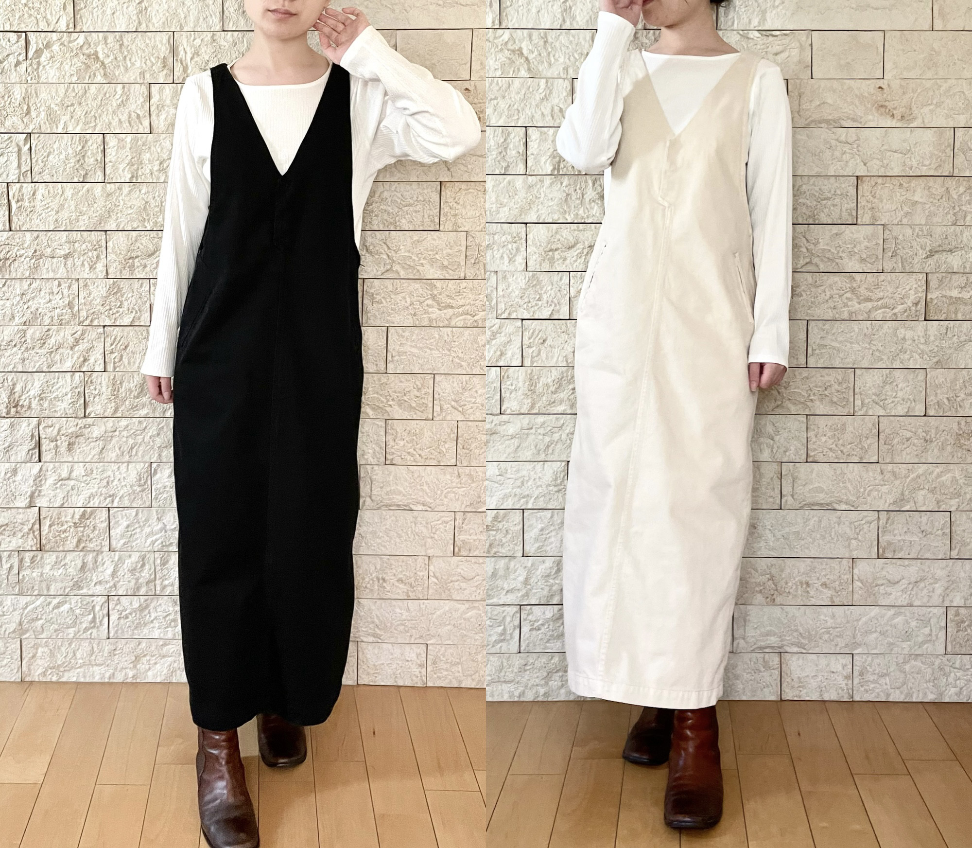 04 Vネック・ペンシルジャンパースカート　デニム　ブラック　エクリュ　コクーン　【即納冬服2025】