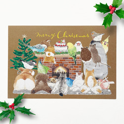○クリスマス　絵画原画（本当のプレゼント）わんことにゃんこ　暖炉 クリスマスカード☆暖炉でぬくぬく ポストカード monbulan 通販
