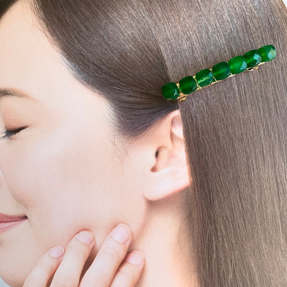 【再販】天然石 グリーンオニキス ヘアアクセサリー バレッタ （キューブ） 5枚目の画像