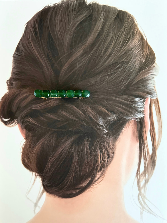 【再販】天然石 グリーンオニキス ヘアアクセサリー バレッタ （キューブ） 4枚目の画像