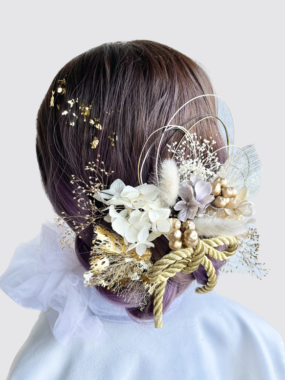 髪飾り(グレー) 紫陽花 水引 金箔 かすみ草 ラグラス 2枚目の画像