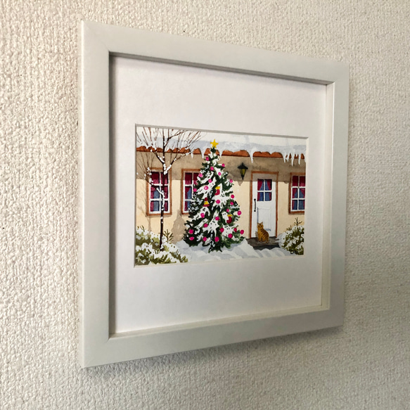 「クリスマスハウス０１」透明水彩画　原画　風景画　額縁付　ハガキサイズ 4枚目の画像