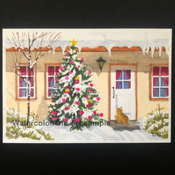 「クリスマスハウス０１」透明水彩画　原画　風景画　額縁付　ハガキサイズ 3枚目の画像