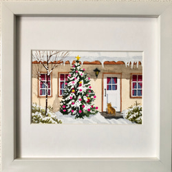 「クリスマスハウス０１」透明水彩画　原画　風景画　額縁付　ハガキサイズ 1枚目の画像