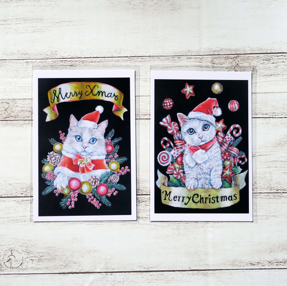 クリスマスにゃんこ２　ポストカード２枚組　可愛いXmasオーナメントに囲まれたサンタ猫ちゃん達のカード 1枚目の画像