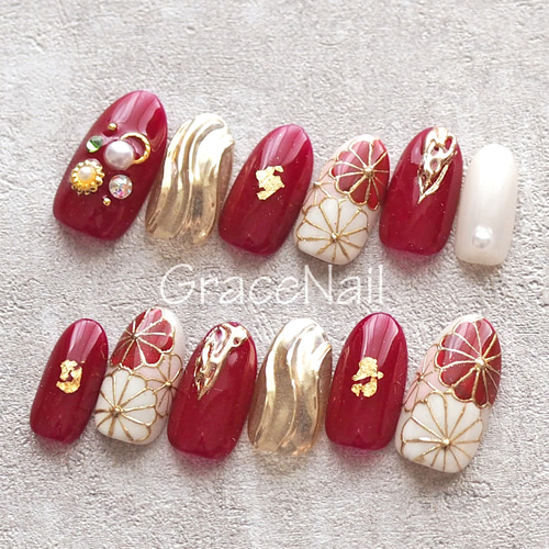 現品販売！ネイルチップ No.1123 成人式卒業式和柄振袖着物 ネイル  