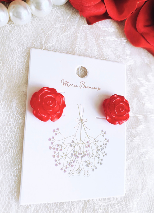 シンプルな薔薇のお花耳飾り(red) 3枚目の画像