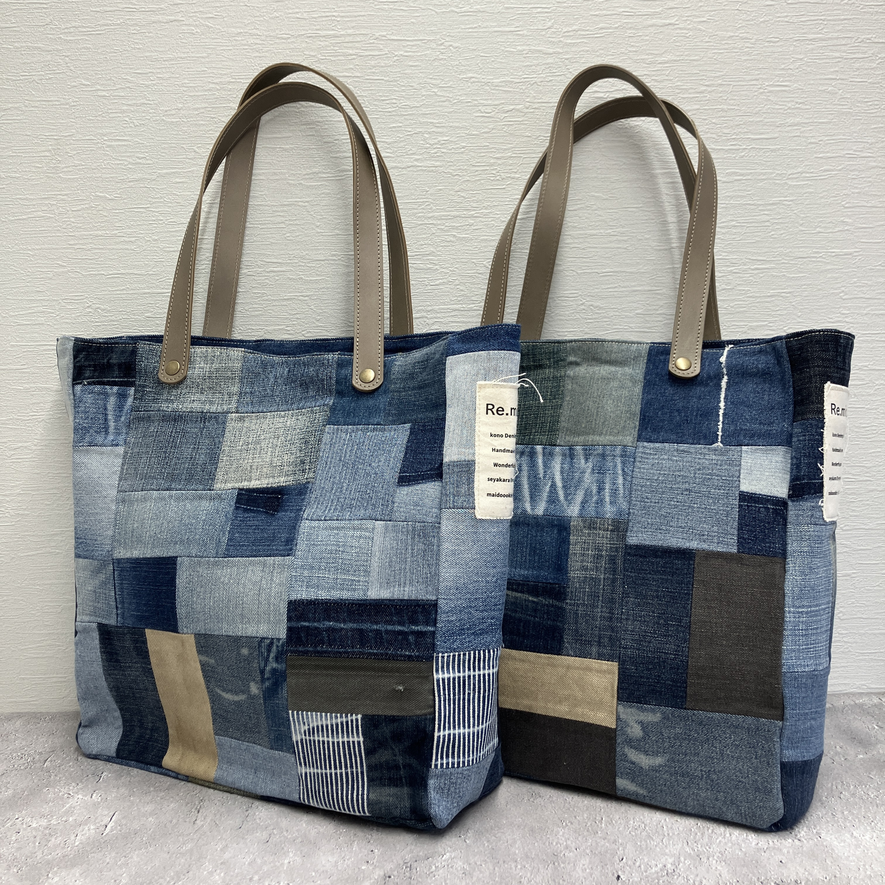 レザーハンドルパッチワークデニムトート トートバッグ Re.m