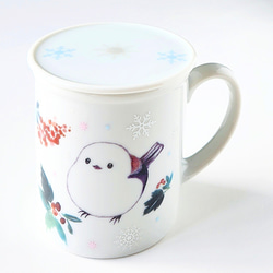 可愛い鳥　雪の妖精 シマエナガちゃんの蓋付きマグカップ(インコ　鳥) 2枚目の画像