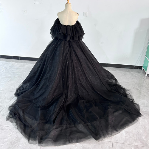 エレガント 柔らかく重ねたチュールスカートドレス ブラック  