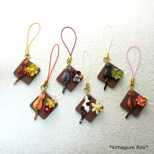 つまみ細工 ねこストラップシリーズ 猫 花 ナチュラル エスニック 和風  