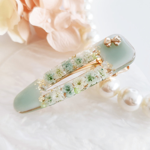くすみミルキーカラーのリボンヘアクリップ୨୧【ミント】秋冬