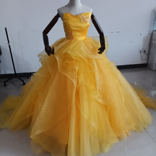 美品！イエロー カラードレス キラキラチュール プリンセスライン ベア  