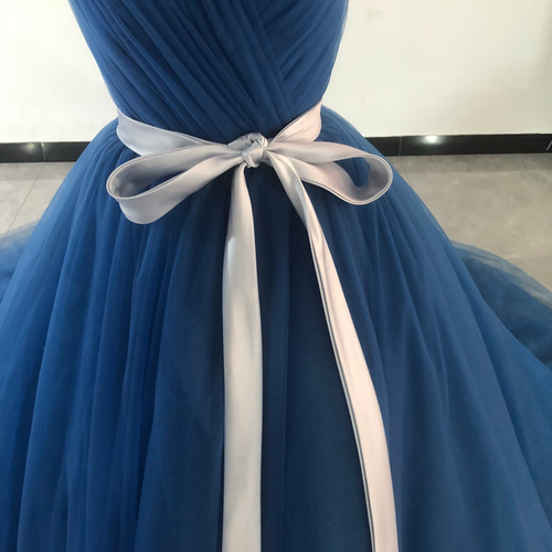 華やか ブルー カラードレス ボリュームチュールケープ 取り外しオフ  