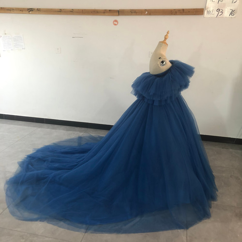 華やか ブルー カラードレス ボリュームチュールケープ 取り外しオフ  