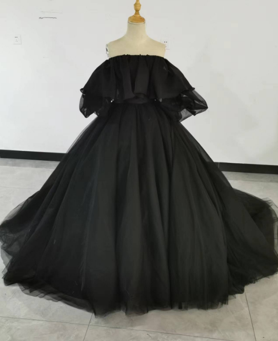 高品質！黒 Aラインドレス 取り外しオフショルダー ソフトチュール 拳式