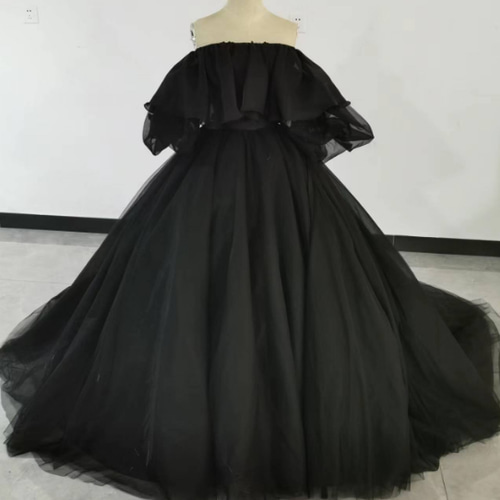 高品質！黒 Aラインドレス 取り外しオフショルダー ソフトチュール 拳  