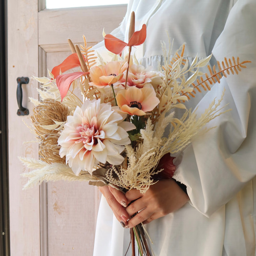 優しいテラコッタカラーのブーケ ブートニア付き 結婚式 パーティー