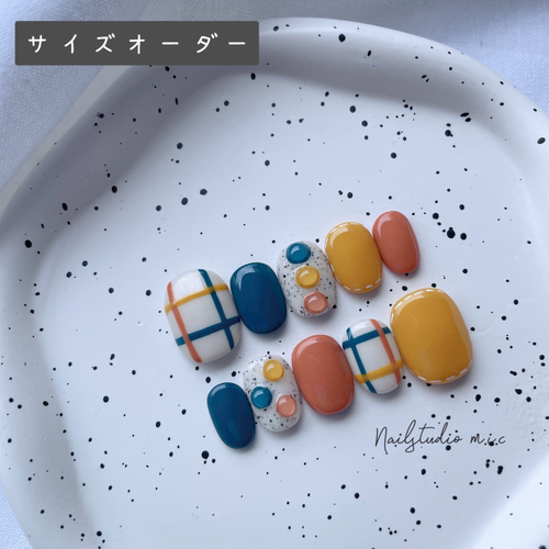 ネイルチップ サイズオーダー 韓国 ポップ ぷっくり チェック オレンジ  