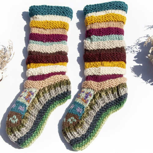 手編みウールニットソックス/ストライプソックス/ウールかぎ針編み