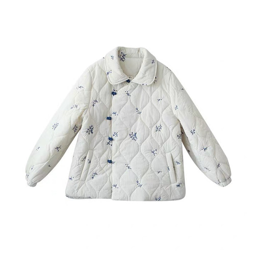 可憐な花刺繍と手作りボタン 中綿ジャケット ポケット付き【春秋