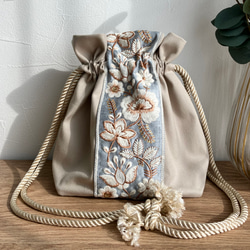 インド刺繍リボン＊巾着バッグ ショルダーバッグ 肩掛け ハンドバッグ